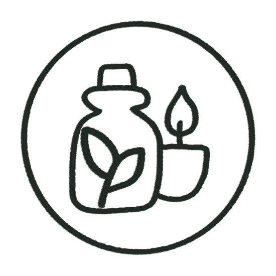 „Line-Art-Icon einer Ätherischen Öl Flasche und einer Kerze – Symbol für Duftmomente und kreative Auszeiten“