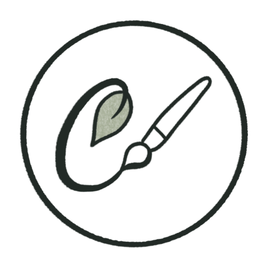 „Line-Art-Icon eines Pinsel, der ein C malt, das in einem Blatt endet – Symbol für Design mit Seele“