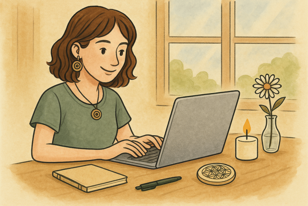 Illustration im Sketchnote-Gouache-Stil: Frau mit schulterlangem, leicht gewelltem Haar arbeitet am Laptop an einem Holztisch. Neben ihr stehen Notizbuch, Stift, Duftstein mit Blume des Lebens, brennende Kerze und eine Vase mit Gänseblümchen. Warme Naturfarben schaffen eine ruhige, achtsame Arbeitsatmosphäre.